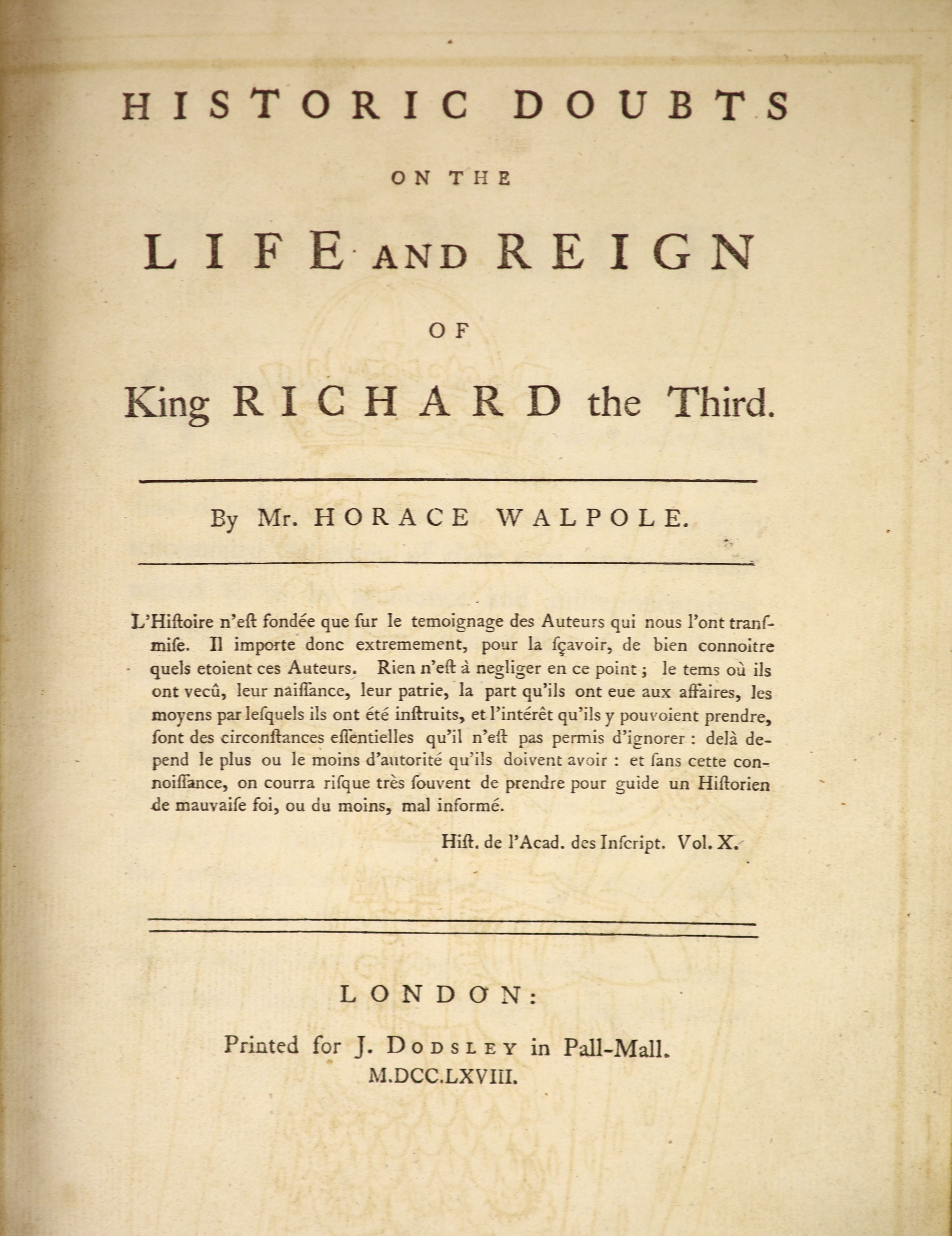 Walpole, Horace - Historic Doubts on the Life and Reign of King Richard the Third ... 2 engraved plates, addition / errata leaf; newly rebound green half morocco and cloth